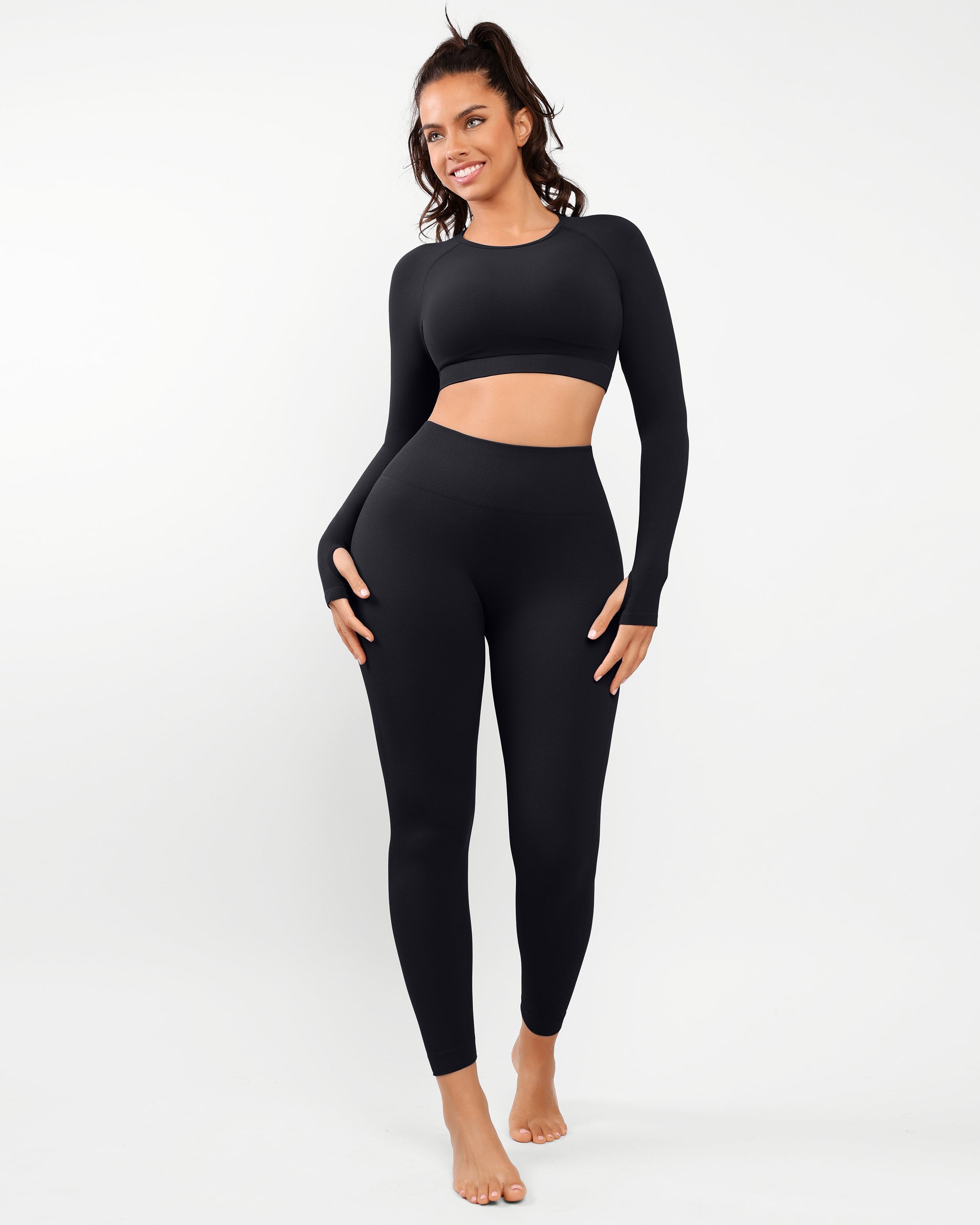 Workout Outfits for Women Sexy 2 Piece Long Sleeve High Waist Leggings with  Crop Tops Exercise Yoga Set (Brown , M )